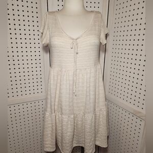 See You Monday Cream Beige Mini Dress Short Sleeve Tie Neck Large